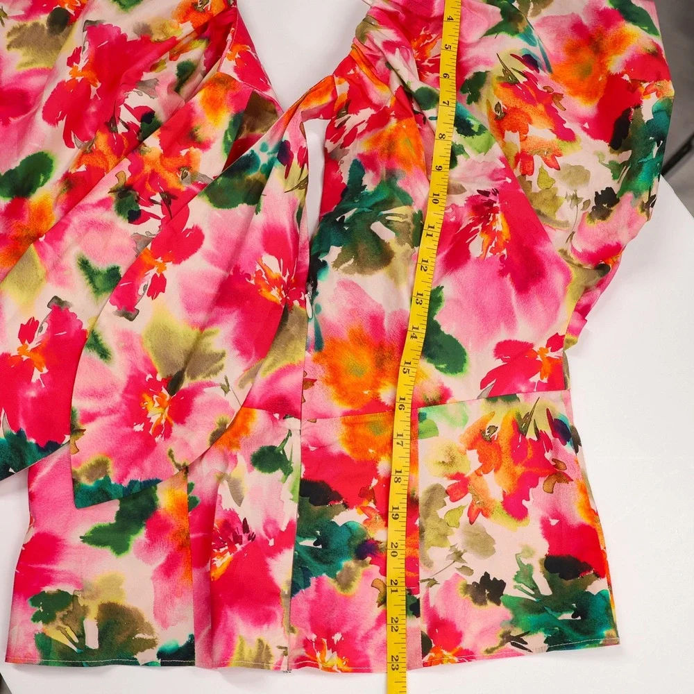 J. Crew Puff Sleeve Top Womens Floral V-Neck Bow Back Size 6 Pink Made in India